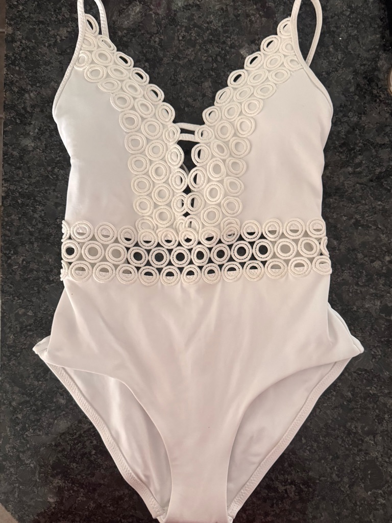 Becca; White One-Piece Swimsuit With Circular Lace Insets, Nwt, Small